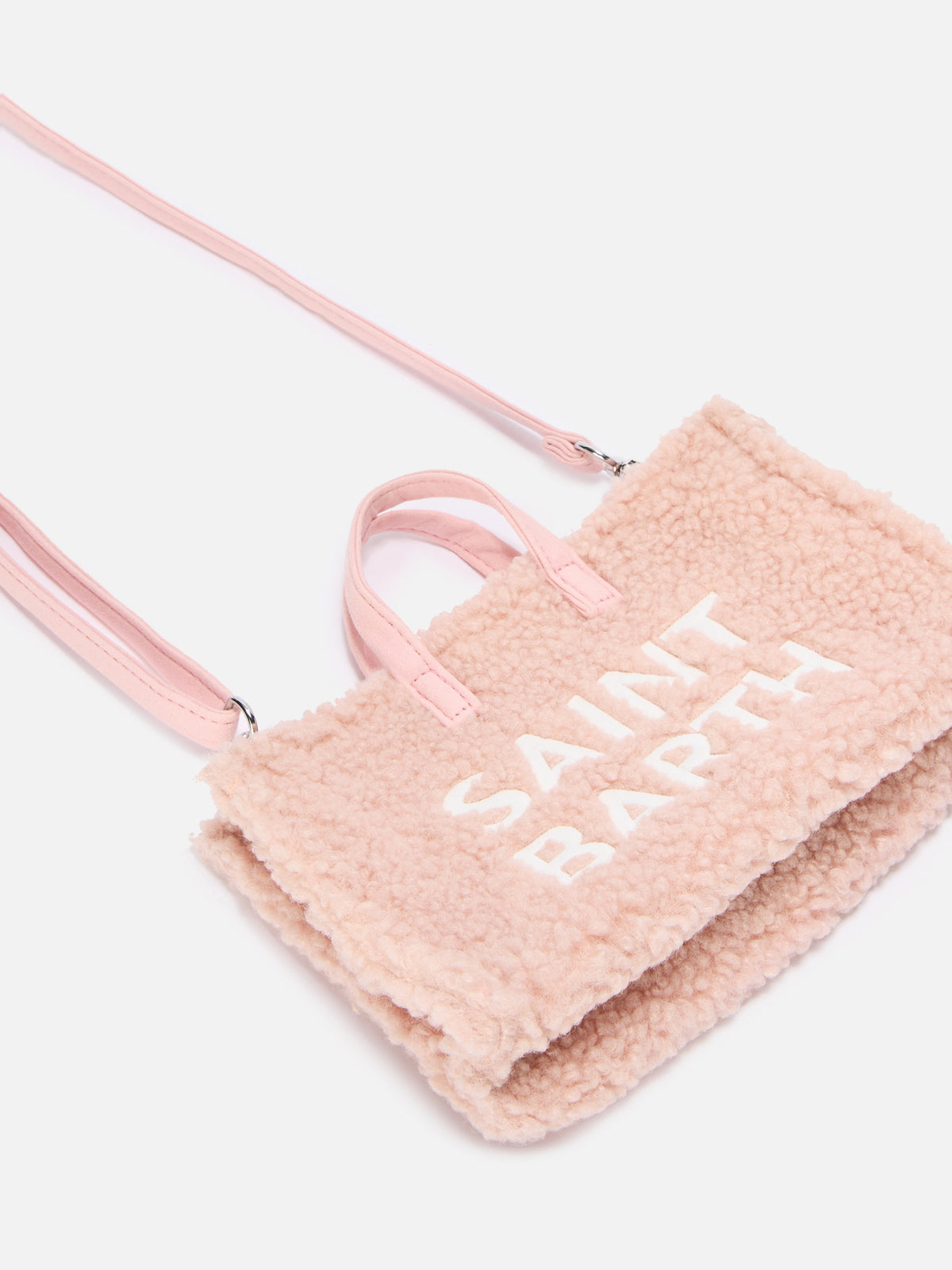 Sac téléphone rose en tissu teddy avec broderie logo 