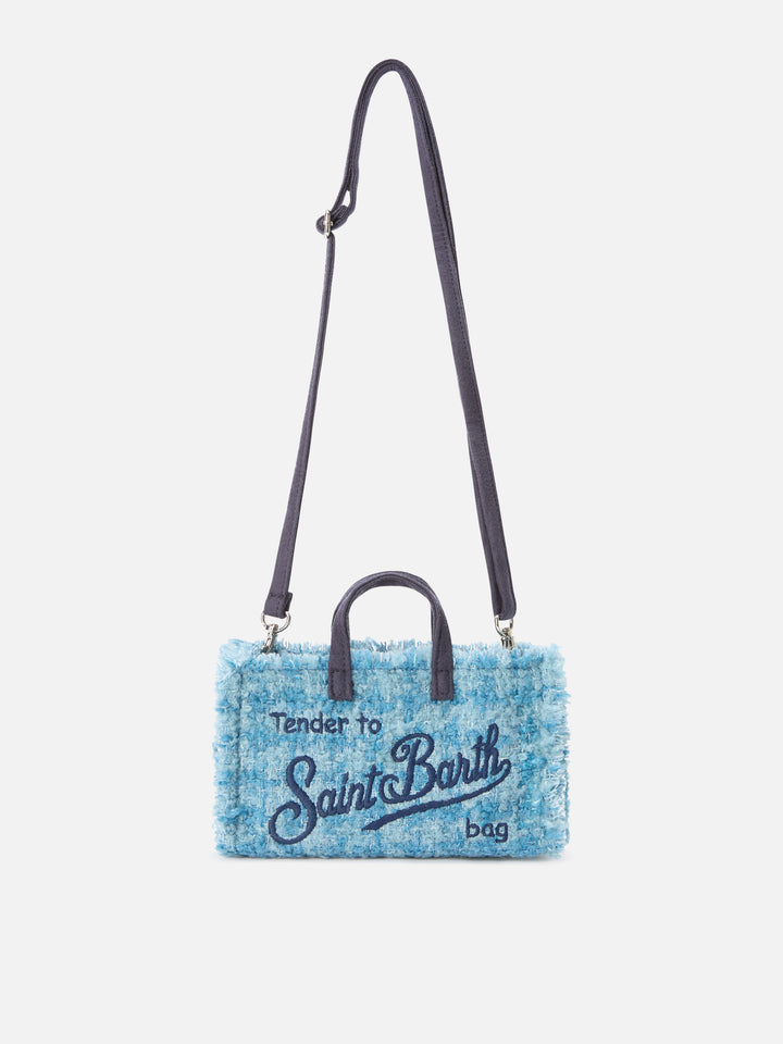 Phone Bag azzurra in tweed con ricamo logo