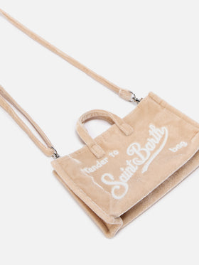 Phone Bag beige in velluto con ricamo logo
