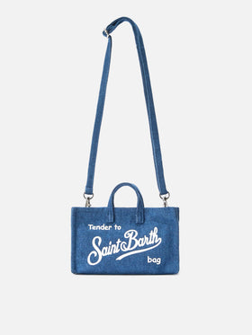Borsa Phone micro in tessuto denim con logo a contrasto