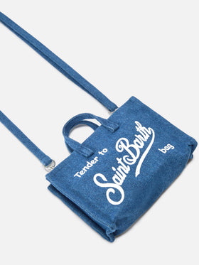 Borsa Phone micro in tessuto denim con logo a contrasto
