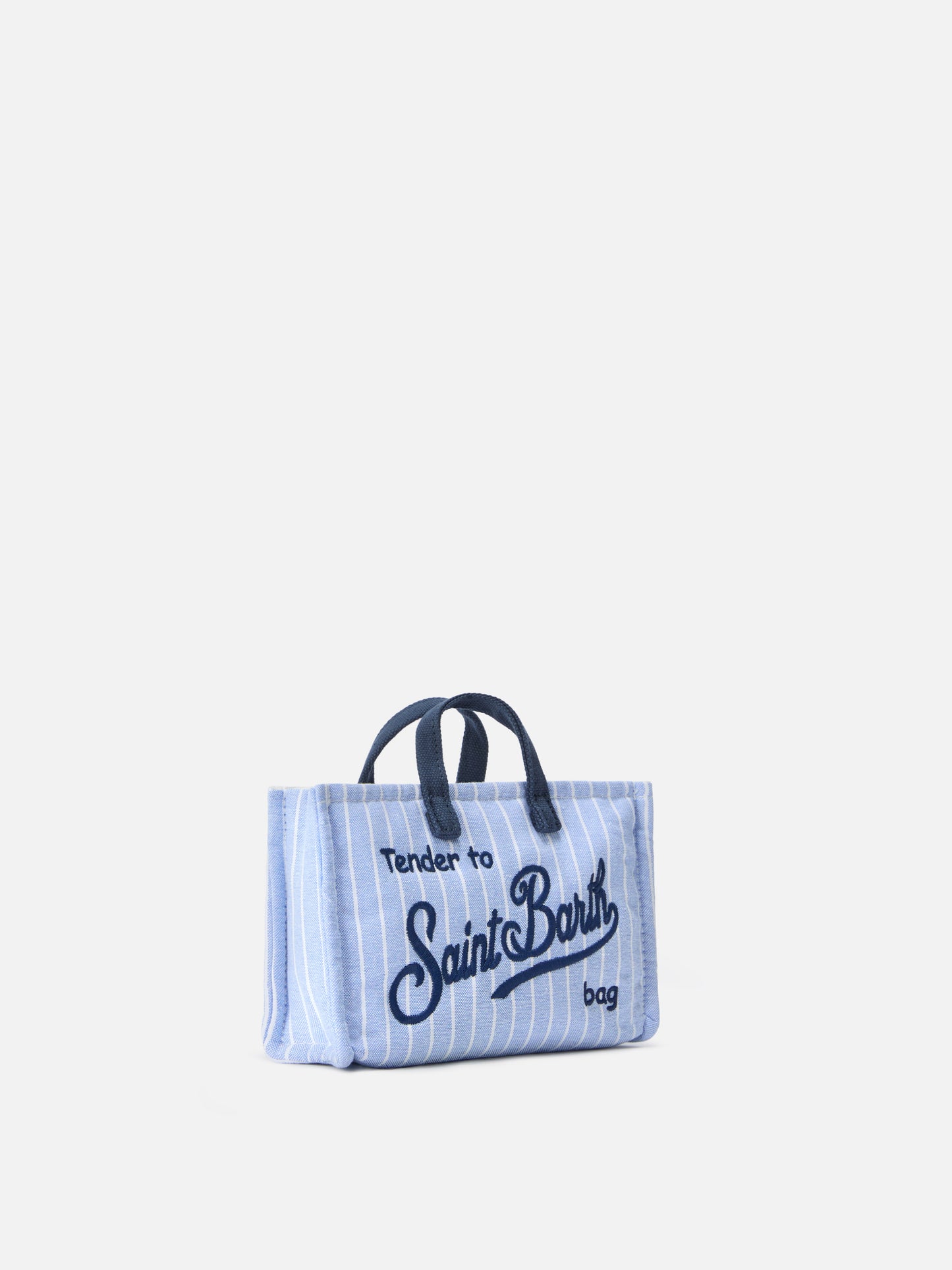 Micro Phone canvas bag with white and light blue stripes and contrasting logo