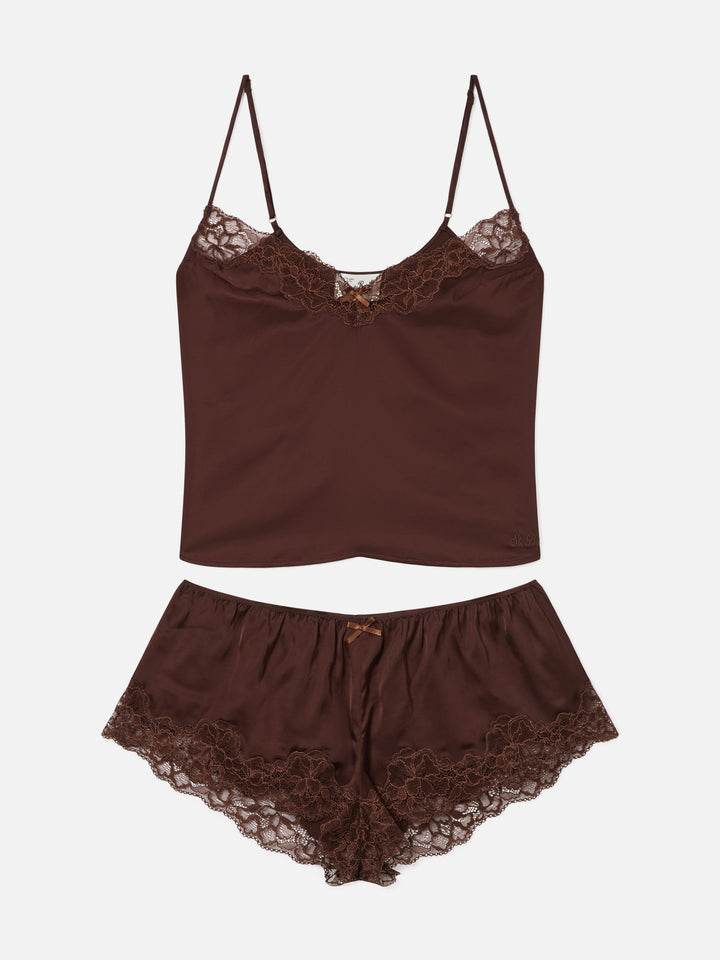 Set Pilar top e shorts marrone scuro con pizzo
