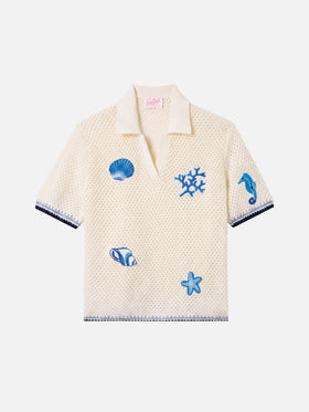 Polo Pixie de punto calado con parches marinos 