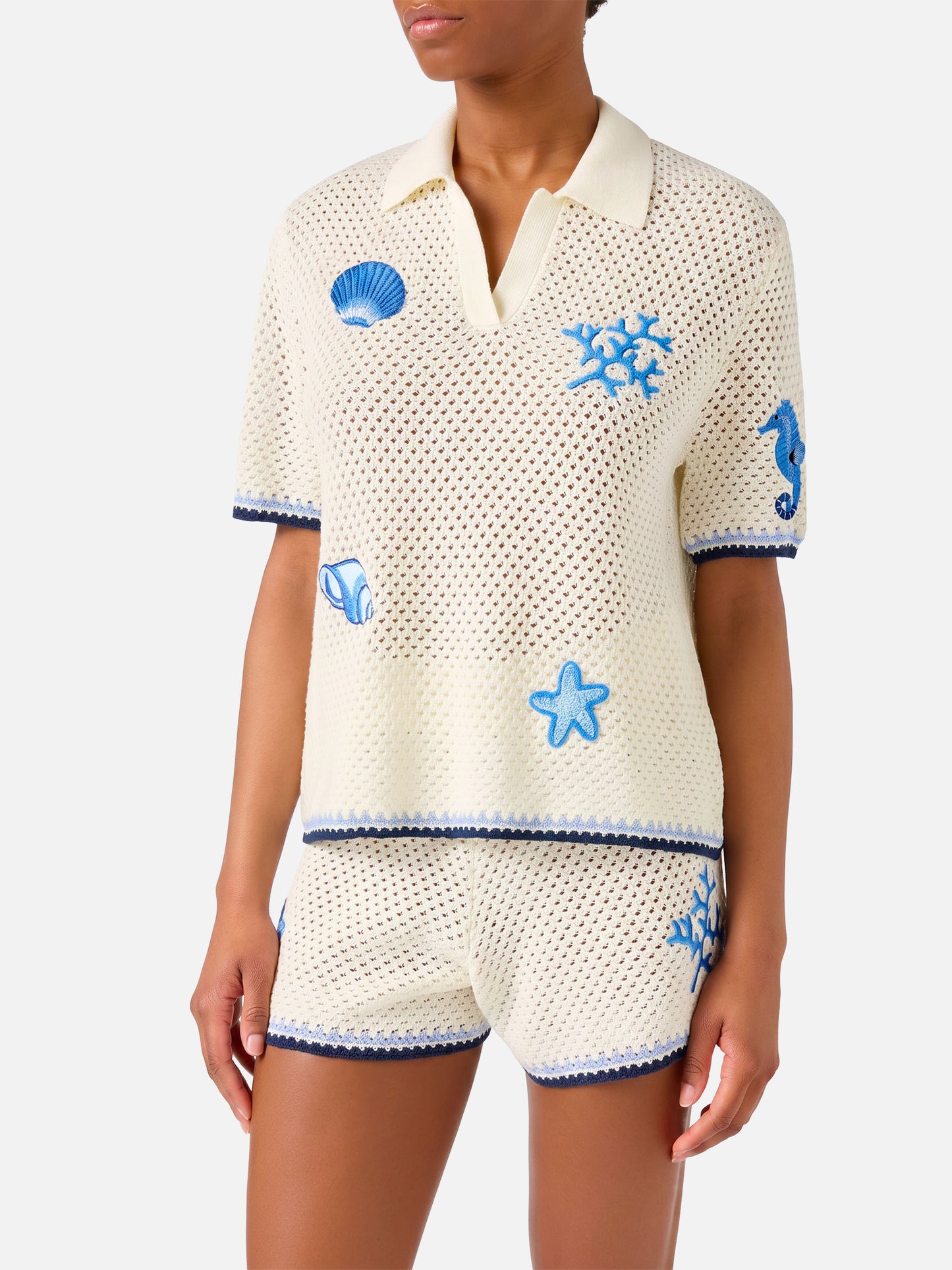 Polo Pixie de punto calado con parches marinos 