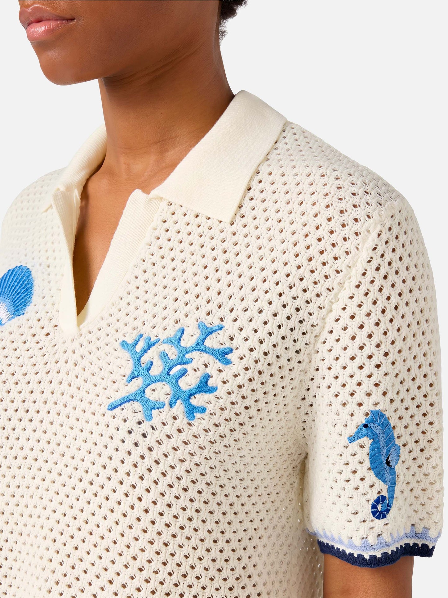 Polo Pixie de punto calado con parches marinos 
