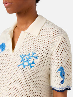 Polo Pixie de punto calado con parches marinos 