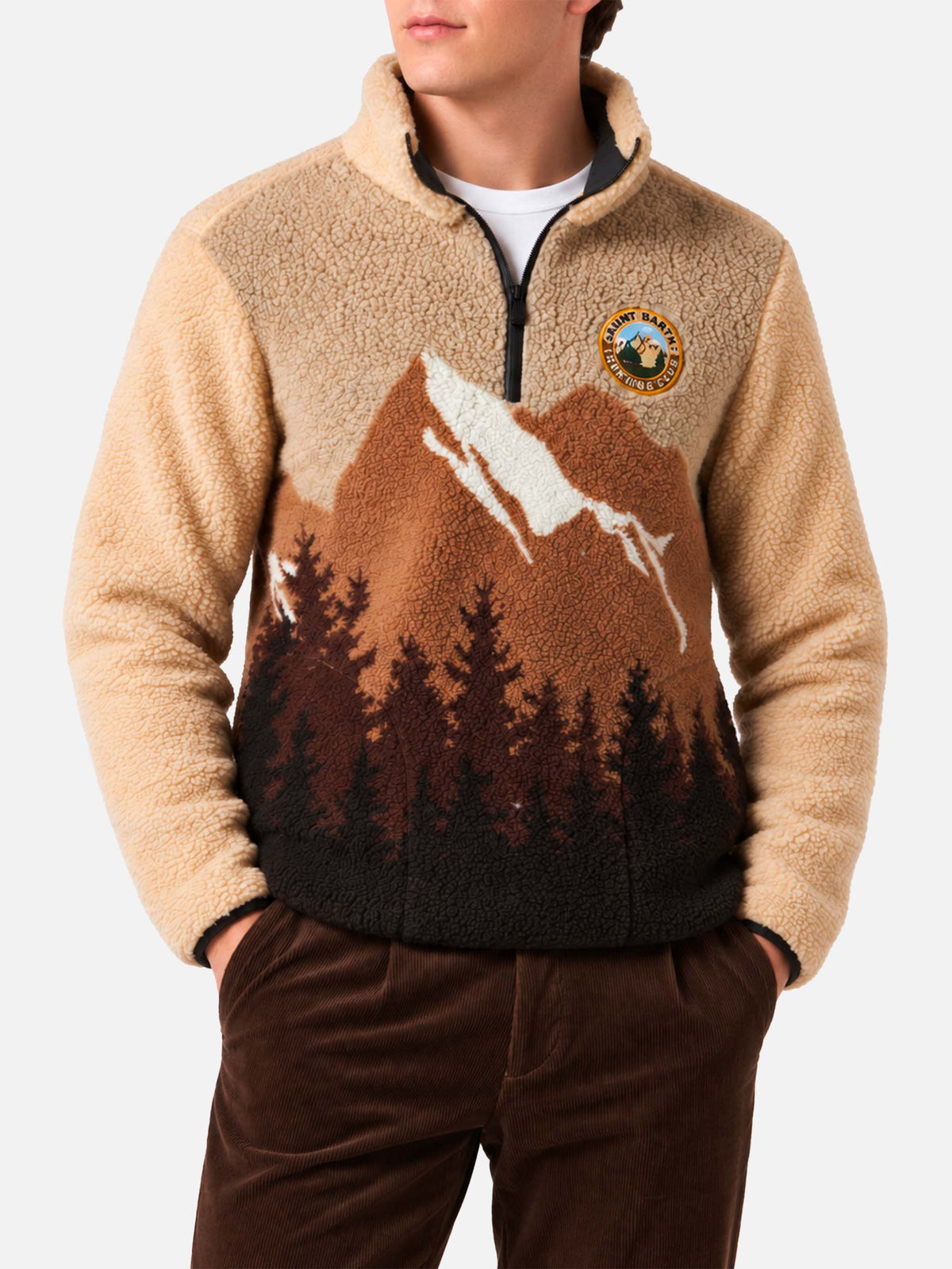 Veste en sherpa polaire avec imprimé montagne dégradé et patch 