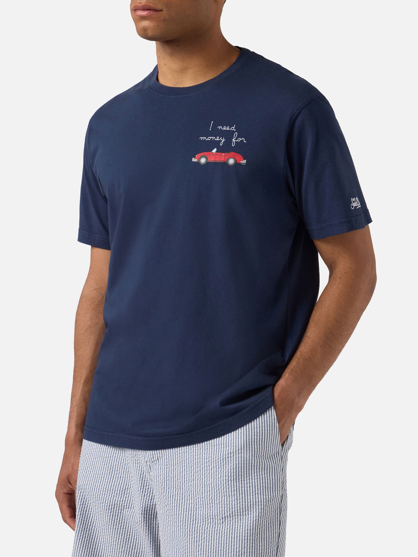 Camiseta Portofino azul marino con bordado de coche y I need money for 