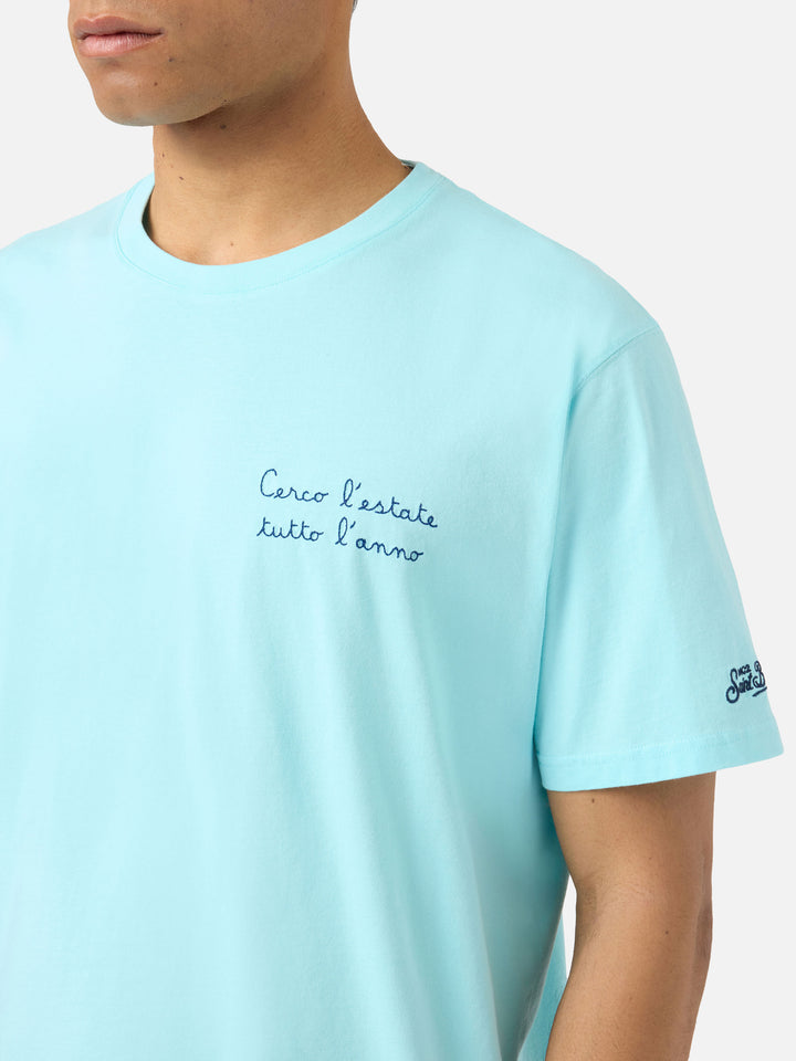 T-shirt Portofino turchese chiaro con ricamo Cerco L'estate Tutto L'anno
