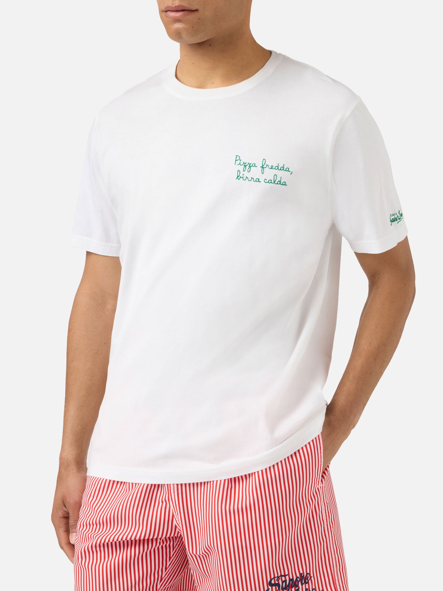 Camiseta Portofino blanca con bordado Pizza Fredda Birra Calda 