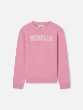 Pull col rond Princess en maille rose avec lettrage Monella 