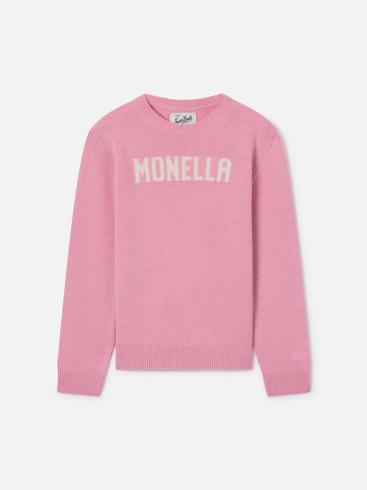 Prenda de punto con cuello redondo Princess en rosa con lettering Monella 