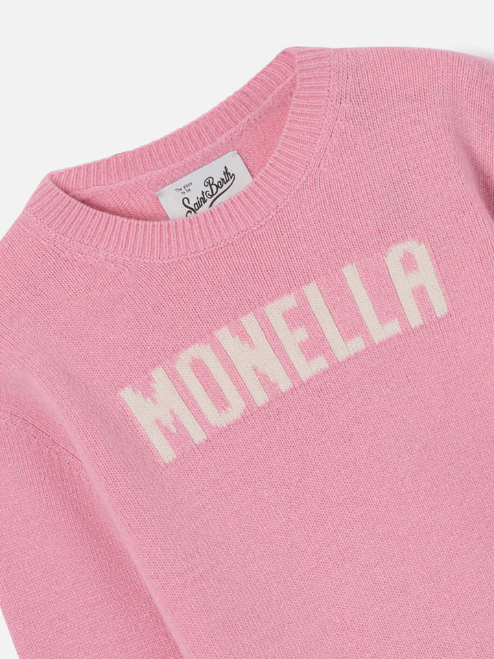 Prenda de punto con cuello redondo Princess en rosa con lettering Monella 