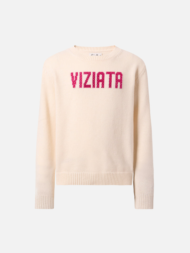 Prinzessinnenpullover aus Kaschmirmischung mit Viziata-Strassapplikation