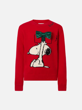 Jersey de cuello redondo Princess en mezcla de cashmere con jacquard de Snoopy y aplique de lazo de terciopelo | PEANUTS SPECIAL EDITION 