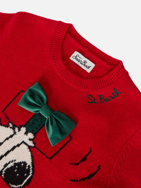 Jersey de cuello redondo Princess en mezcla de cashmere con jacquard de Snoopy y aplique de lazo de terciopelo | PEANUTS SPECIAL EDITION 
