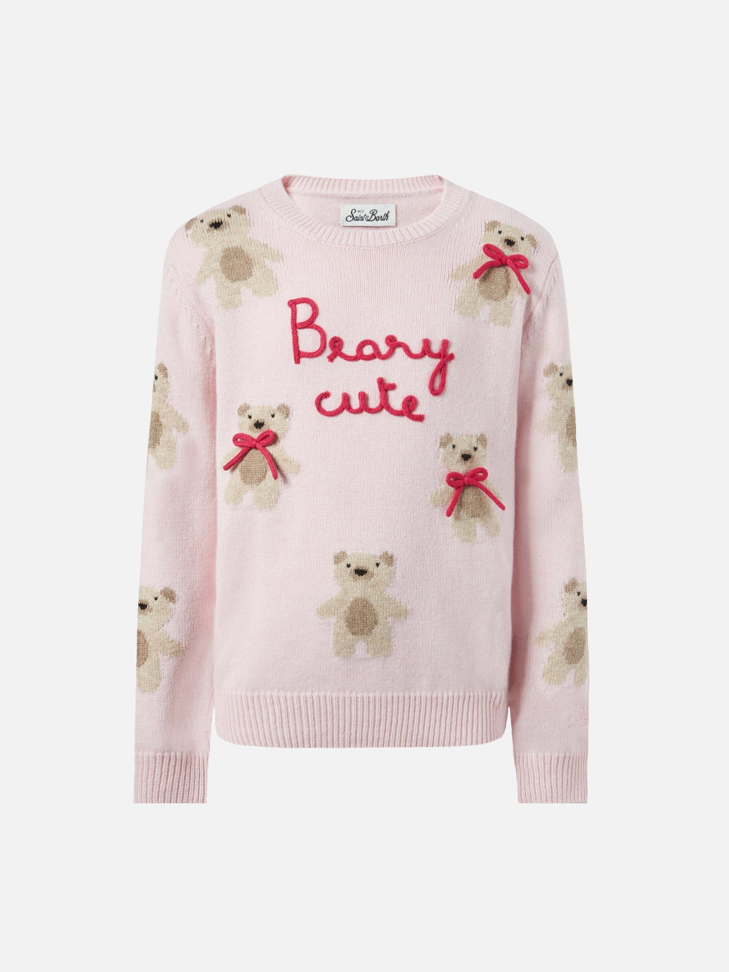 Prinzessinnenpullover aus Kaschmirmischung mit Teddybär-Jacquardmuster und Schleifenapplikationen