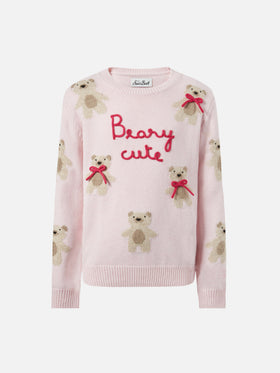 Prinzessinnenpullover aus Kaschmirmischung mit Teddybär-Jacquardmuster und Schleifenapplikationen