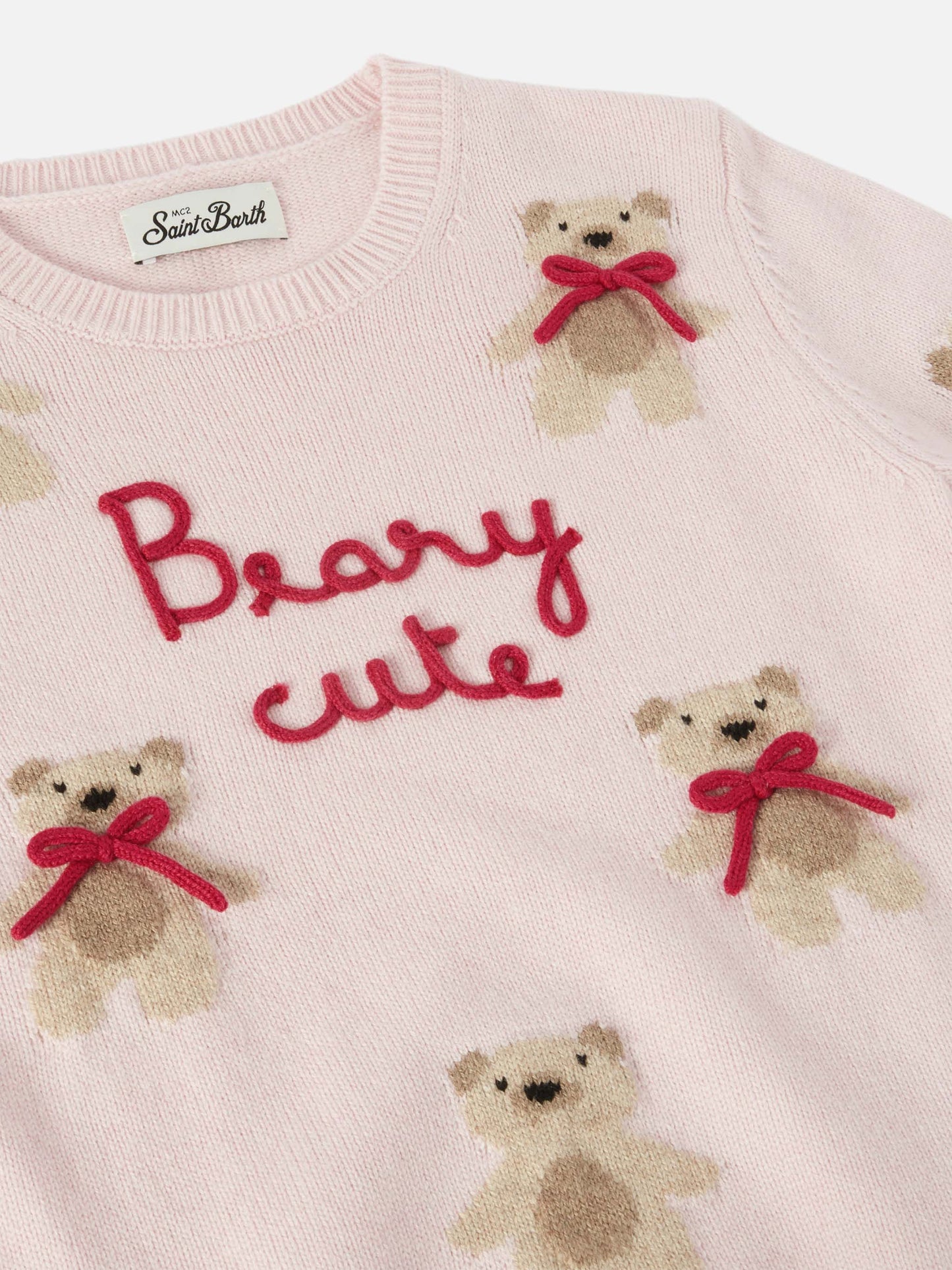 Prinzessinnenpullover aus Kaschmirmischung mit Teddybär-Jacquardmuster und Schleifenapplikationen