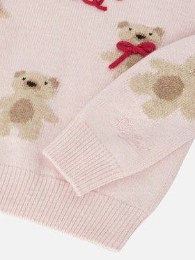Prinzessinnenpullover aus Kaschmirmischung mit Teddybär-Jacquardmuster und Schleifenapplikationen