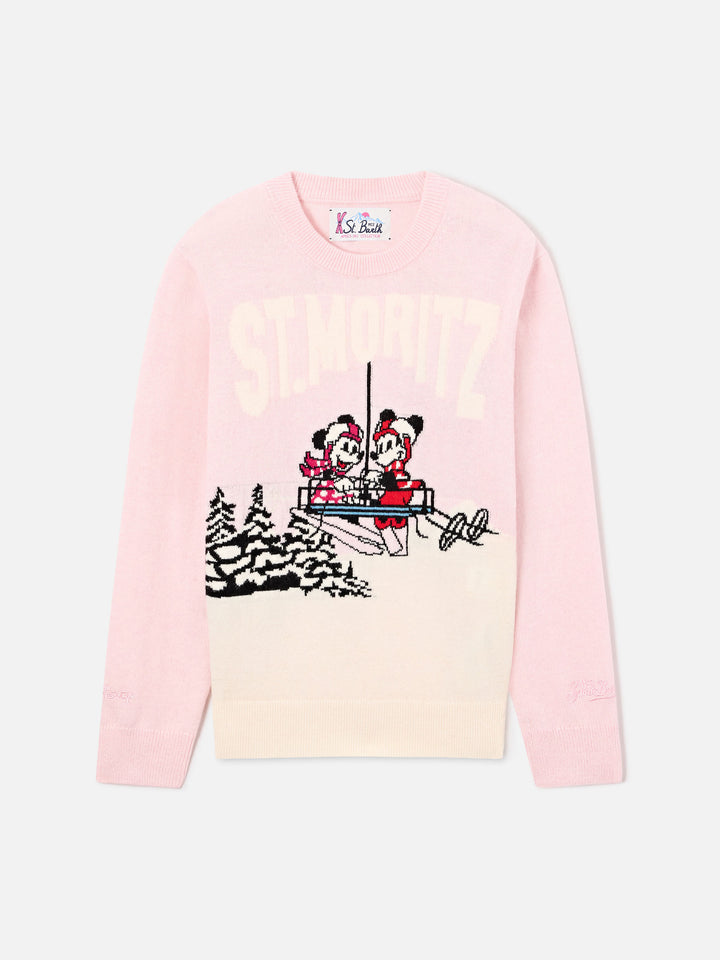 Rosa Princess Rundhals-Strickpullover mit St. Moritz Minnie und Mickey Mouse Intarsienmotiv | Special edition 