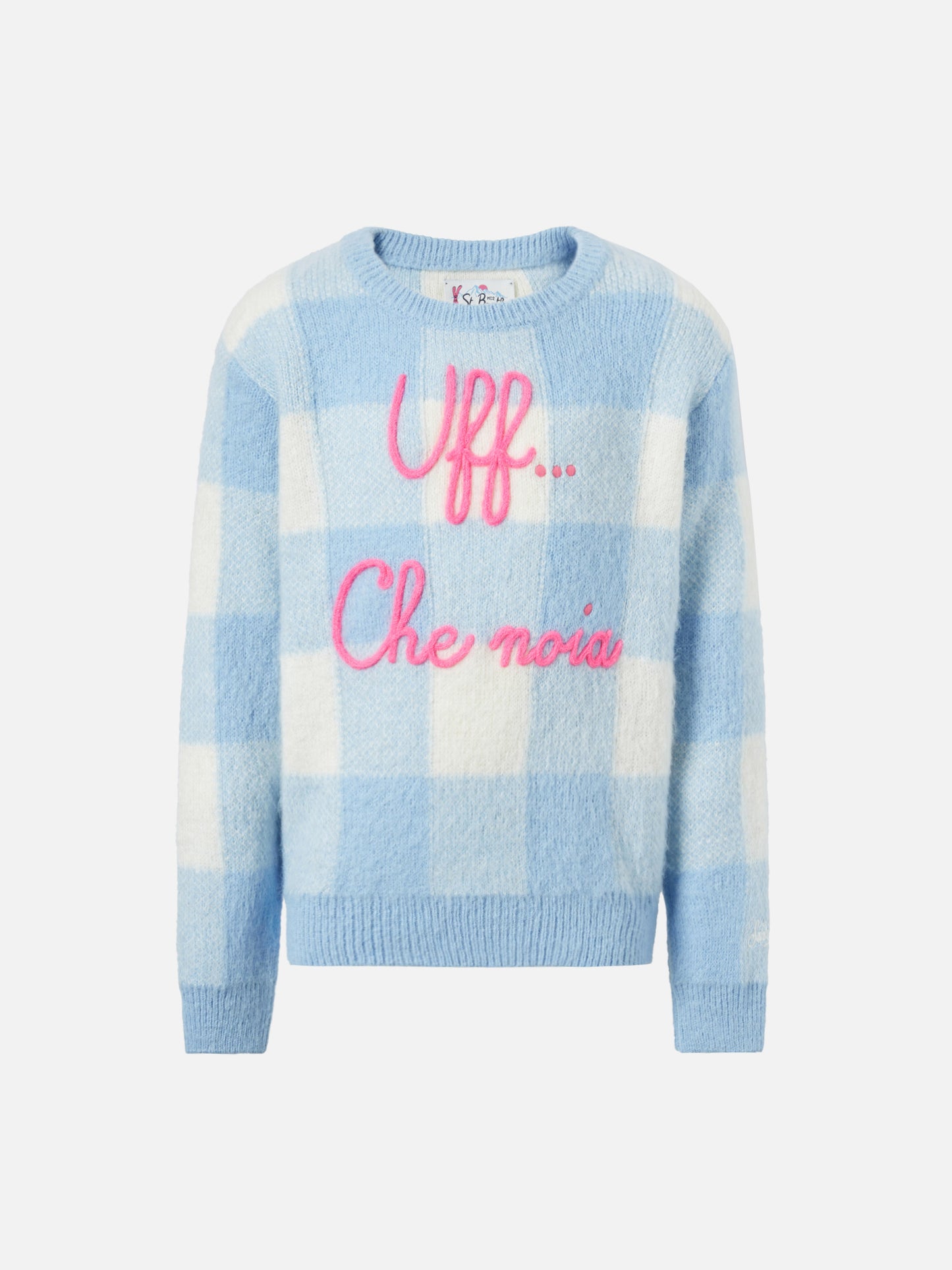 Rundhalspullover mit kariertem Jacquard und Uff… che noi-Stickerei 