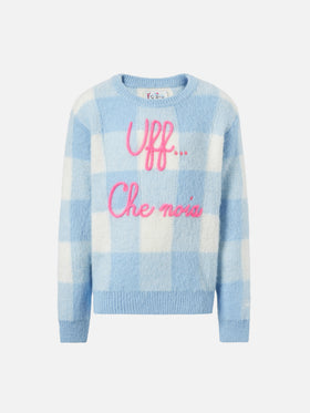 Rundhalspullover mit kariertem Jacquard und Uff… che noi-Stickerei 