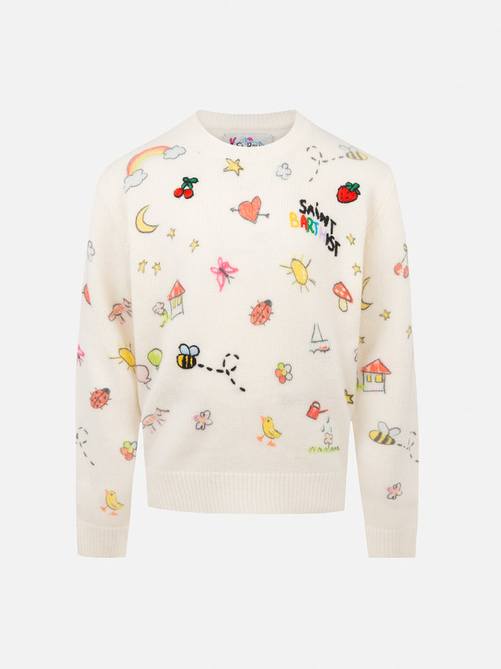 Girl white crewneck sweater Princess with Saint Barth sketch print - MC2 Saint Barth