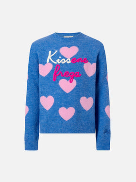 Prinzessinnen-Stretch-Alpakapullover mit Herz-Jacquardmuster und Kissene-Frega-Stickerei