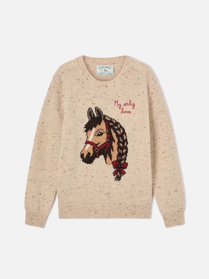 Pull col rond en maille Donegal beige en mélange de laine Princess avec intarsia cheval et broderie My Only Love 