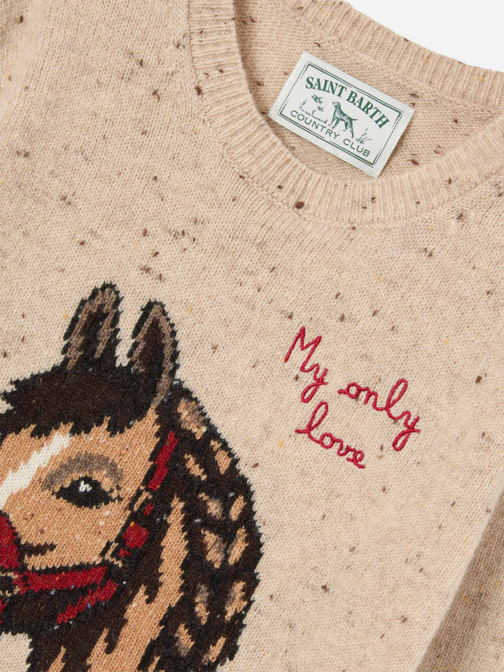 Pull col rond en maille Donegal beige en mélange de laine Princess avec intarsia cheval et broderie My Only Love 