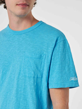 Man bluette flamed cotton t-shirt President with embroidery - MC2 Saint Barth