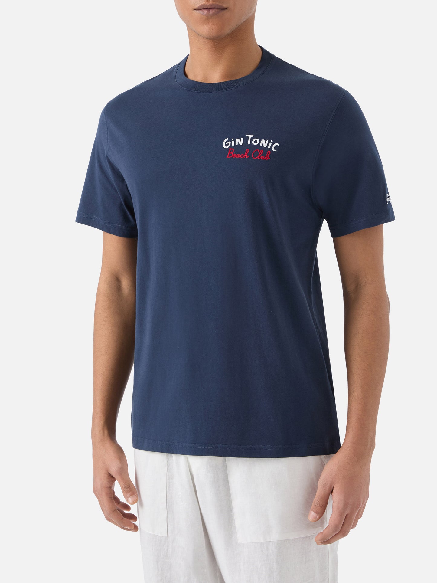 T-shirt Portland bleu avec broderie Gin Tonic Beach Club sur le devant et au dos 