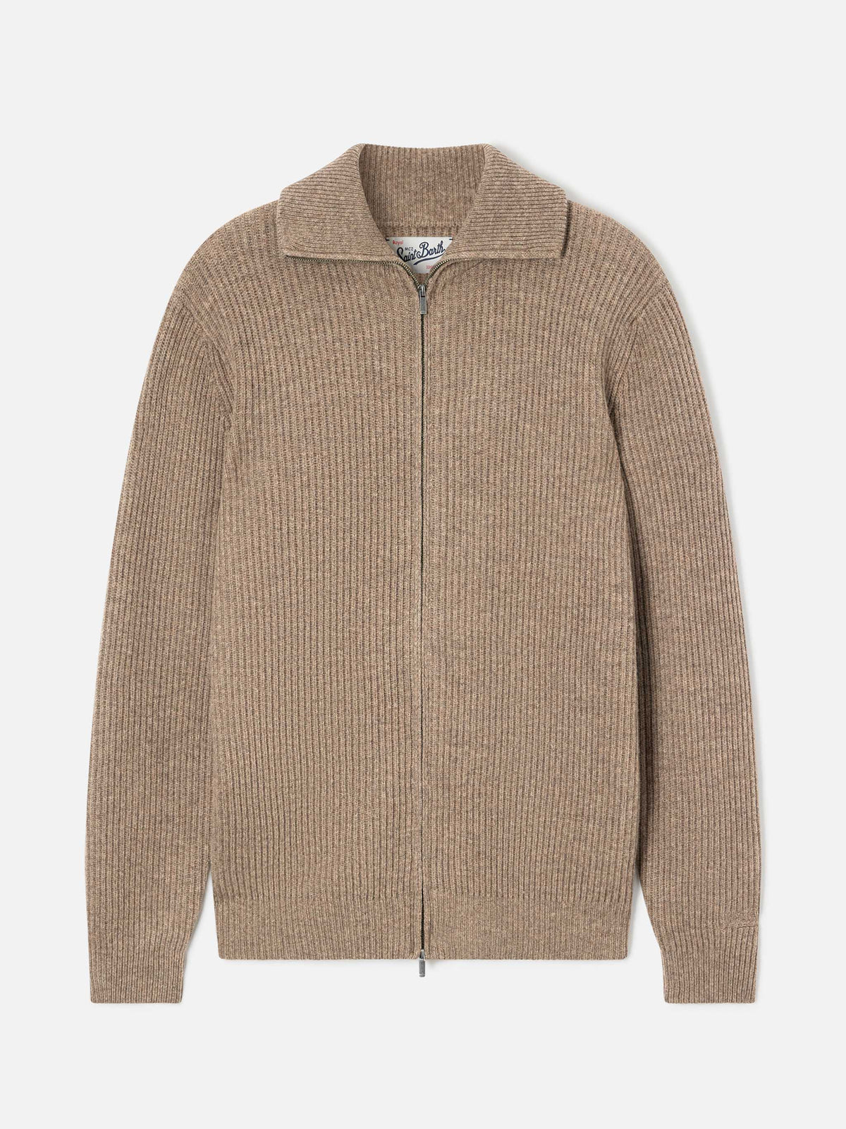 Cárdigan de punto de lana Preston beige con cremallera completa 