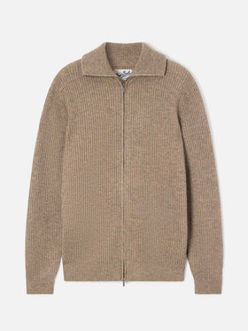 Cárdigan de punto de lana Preston beige con cremallera completa 