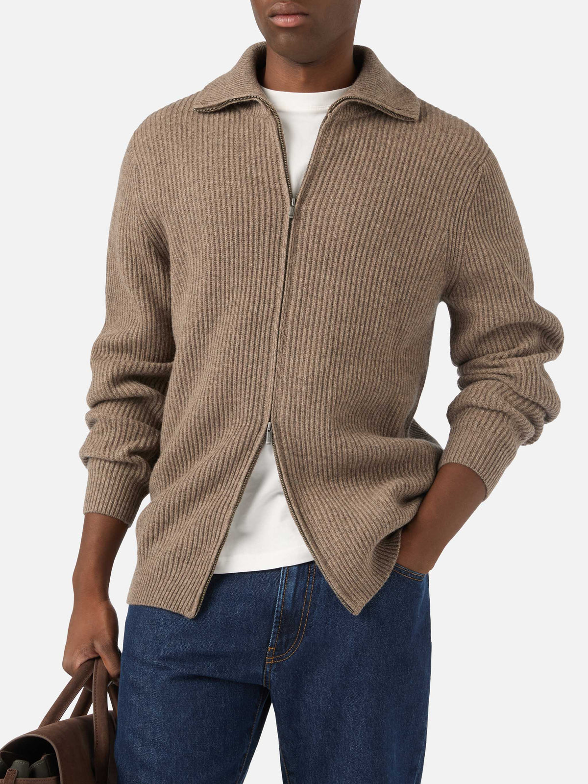 Cárdigan de punto de lana Preston beige con cremallera completa 