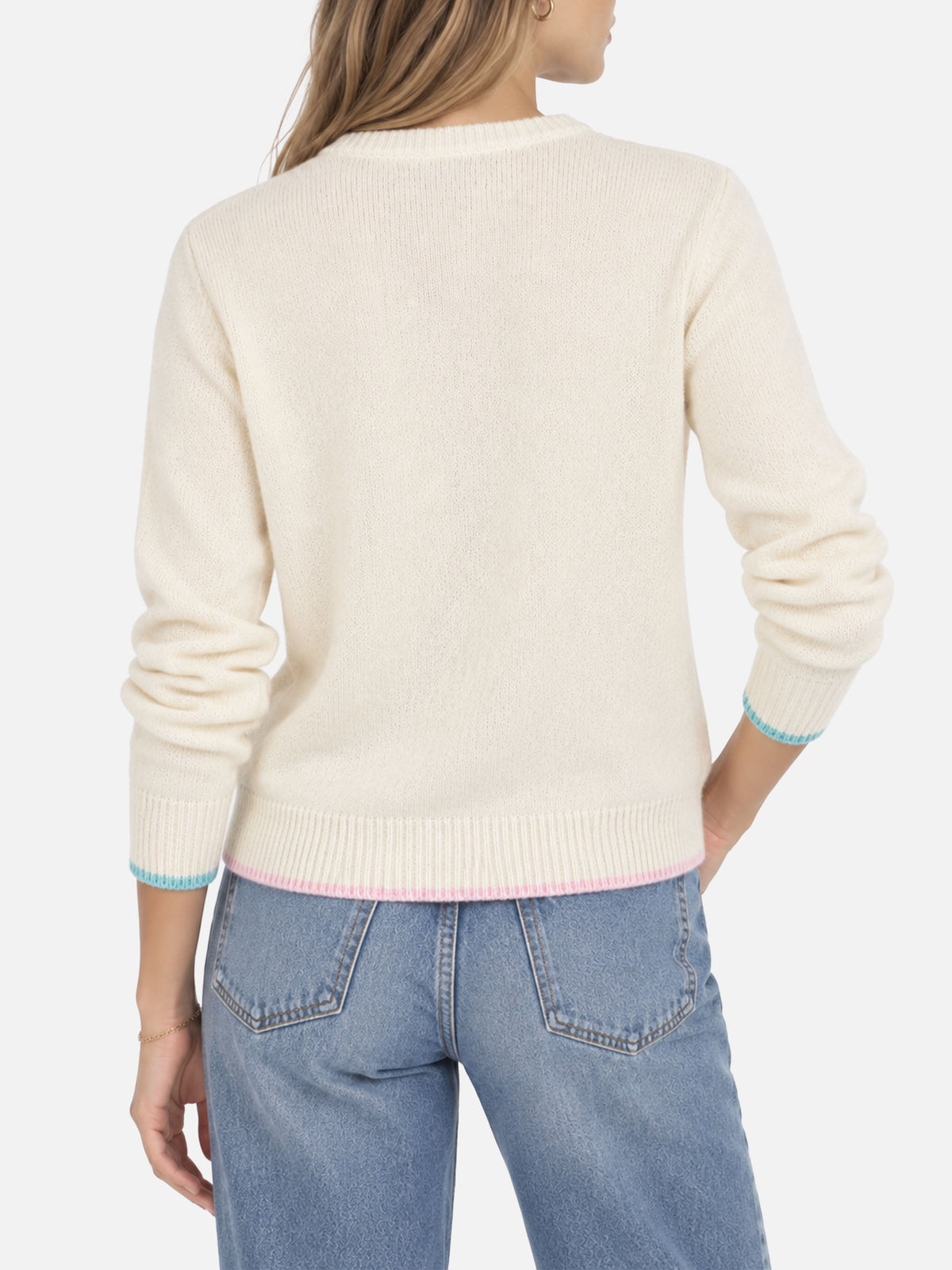 Maglia girocollo New Queen bianca in misto cashmere con ricamo logo a frange