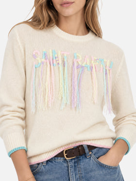 Maglia girocollo New Queen bianca in misto cashmere con ricamo logo a frange