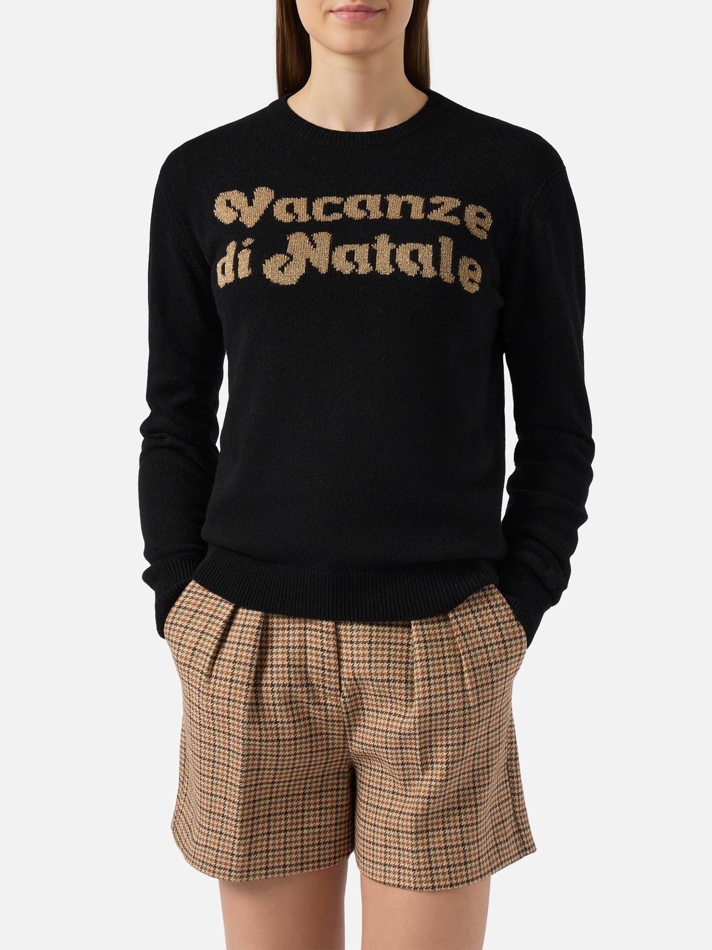 New Queen-Pullover aus Kaschmirmischung in Schwarz mit Vacanze di Natale-Jacquard | VACANZE DI NATALE SONDERAUSGABE
