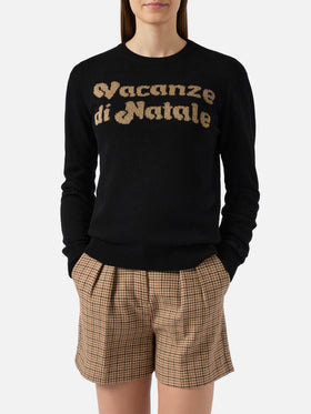 New Queen-Pullover aus Kaschmirmischung in Schwarz mit Vacanze di Natale-Jacquard | VACANZE DI NATALE SONDERAUSGABE