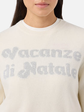 New Queen cashmere-blend crewneck in white with Vacanze di Natale jacquard | VACANZE DI NATALE SPECIAL EDITION
