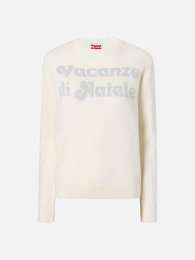 New Queen cashmere-blend crewneck in white with Vacanze di Natale jacquard | VACANZE DI NATALE SPECIAL EDITION
