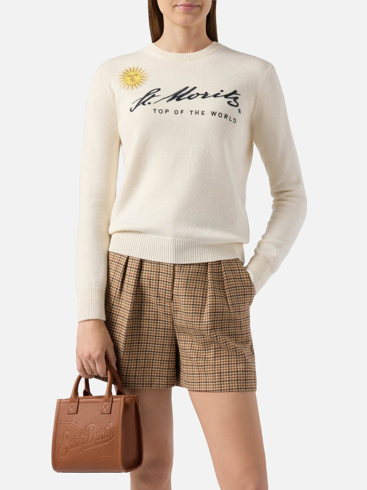 Neuer weißer Queen-Pullover aus Kaschmirmischung mit St. Moritz-Stickerei | ST. MORITZ TOP OF THE WORLD SPECIAL EDITION