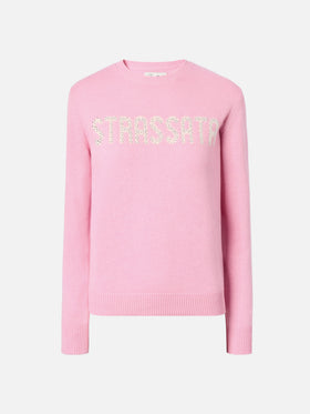Neuer Queen-Pullover aus Kaschmirmischung in Rosa mit Strassata-Strassapplikation