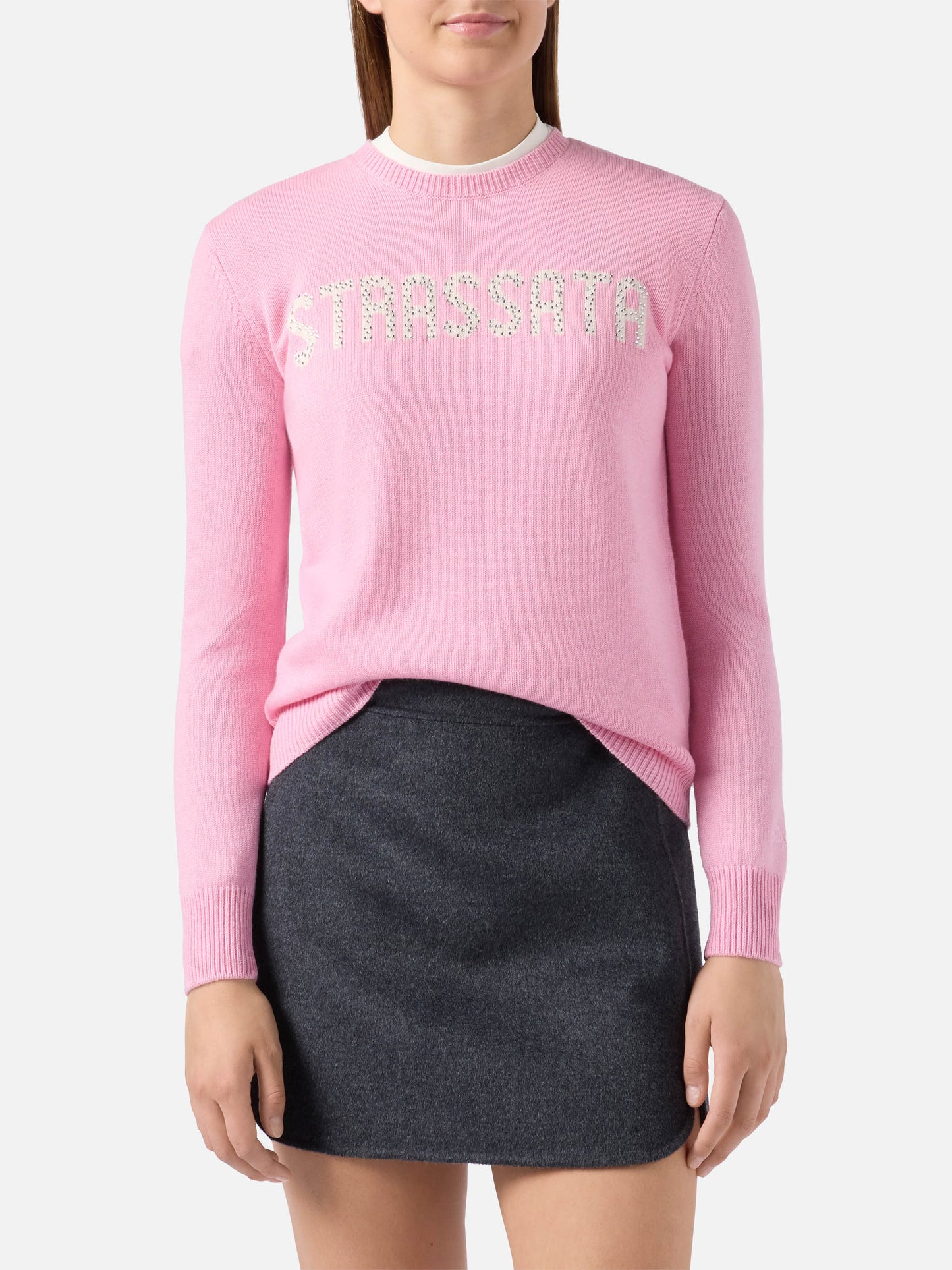 Neuer Queen-Pullover aus Kaschmirmischung in Rosa mit Strassata-Strassapplikation