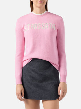 Neuer Queen-Pullover aus Kaschmirmischung in Rosa mit Strassata-Strassapplikation