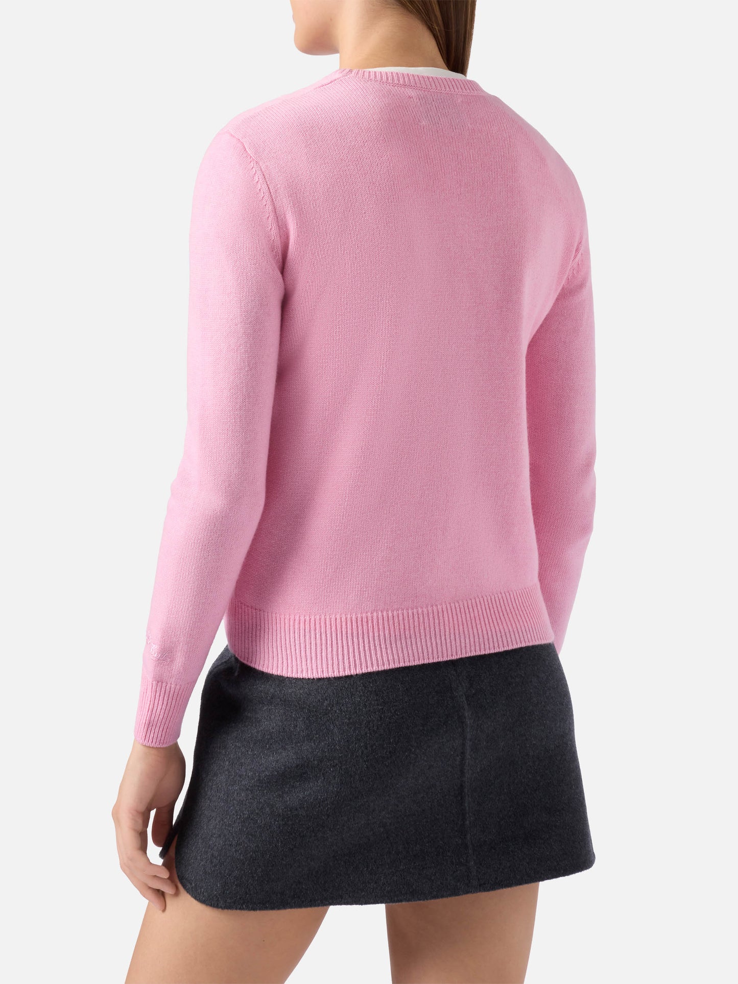 Neuer Queen-Pullover aus Kaschmirmischung in Rosa mit Strassata-Strassapplikation