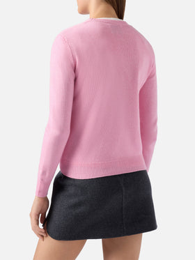 Neuer Queen-Pullover aus Kaschmirmischung in Rosa mit Strassata-Strassapplikation