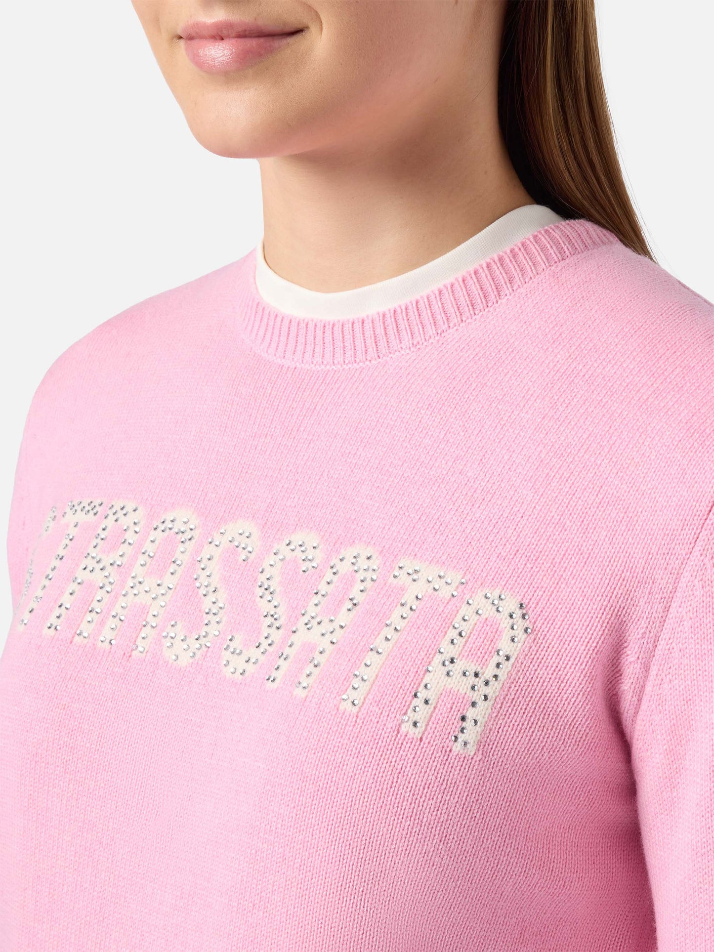 Neuer Queen-Pullover aus Kaschmirmischung in Rosa mit Strassata-Strassapplikation